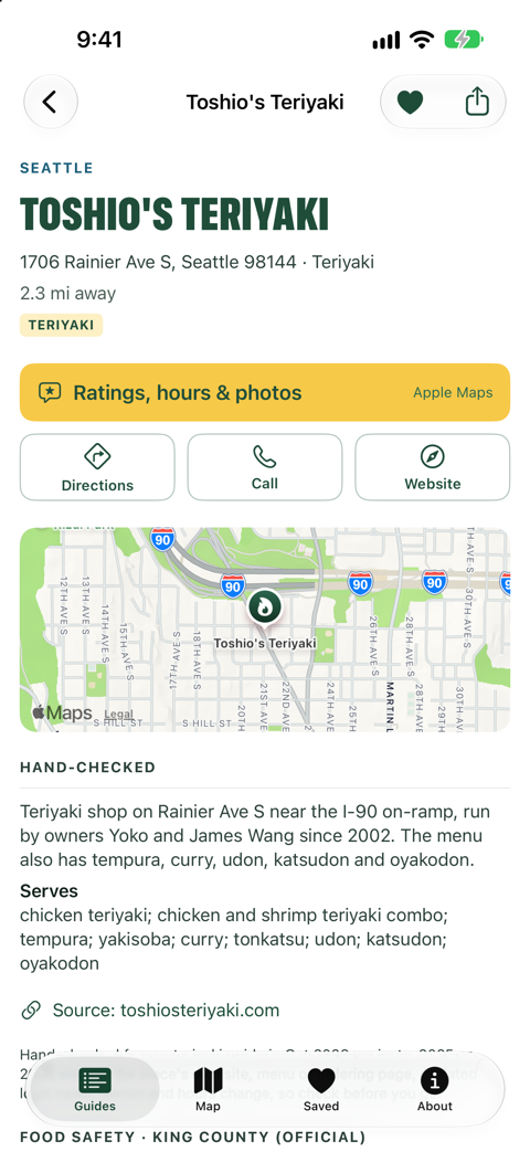 Toshio's Teriyaki in Seattle in Washington Eats: its address, what it serves, King County's official food safety rating and a button for Apple Maps' card.