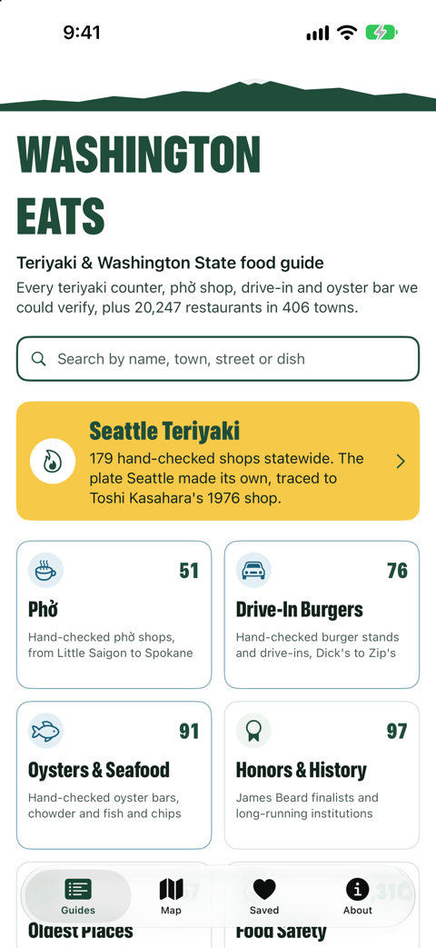 The Washington Eats home screen: Seattle Teriyaki on top, then Phở, Drive-In Burgers, Oysters & Seafood, Honors & History, Oldest Places and Food Safety, under a search box for restaurants statewide.