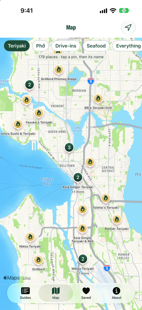 The Washington Eats map with a pin for each hand-checked teriyaki counter around Puget Sound.