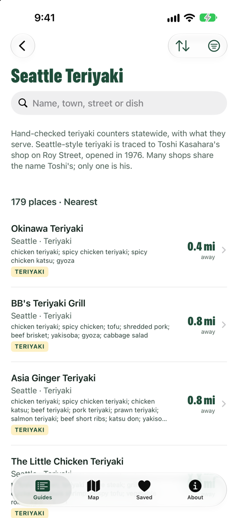 The Seattle Teriyaki list in Washington Eats, closest to downtown Seattle first, each counter with its menu staples.